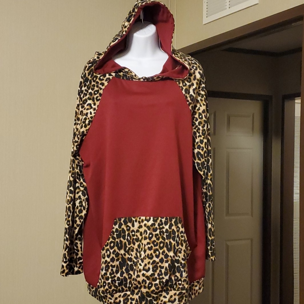 Burgundy and Leopard Hoodie